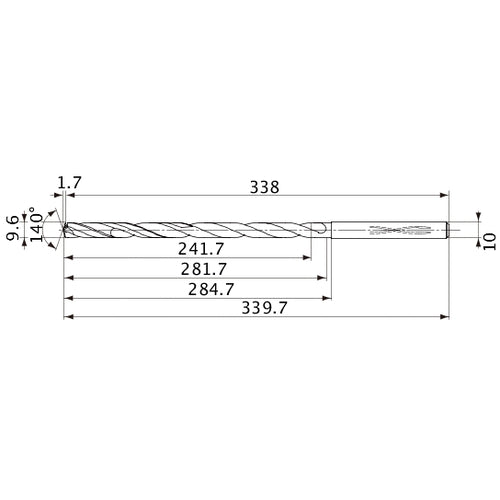 MVS0960X25S100 DP1020 9.6 mm Dia. × 10 mm Shank × 281.7 mm Flute Length × 339.7 mm OAL, 140°, 2 Flute, Coolant Thru, Solid Carbide Drill