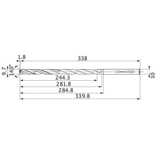 MVS0970X25S100 DP1020 9.7 mm Dia. × 10 mm Shank × 281.8 mm Flute Length × 339.8 mm OAL, 140°, 2 Flute, Coolant Thru, Solid Carbide Drill