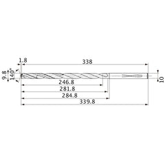 MVS0980X25S100 DP1020 9.8 mm Dia. × 10 mm Shank × 281.8 mm Flute Length × 339.8 mm OAL, 140°, 2 Flute, Coolant Thru, Solid Carbide Drill