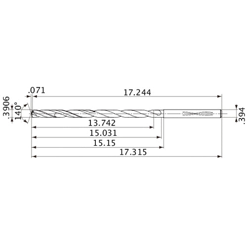 MVS0992X35S100 DP1020 0.3906″ Dia. × 0.394″ Shank × 15.031″ Flute Length × 17.315″ OAL, 140°, 2 Flute, Coolant Thru, Solid Carbide Drill