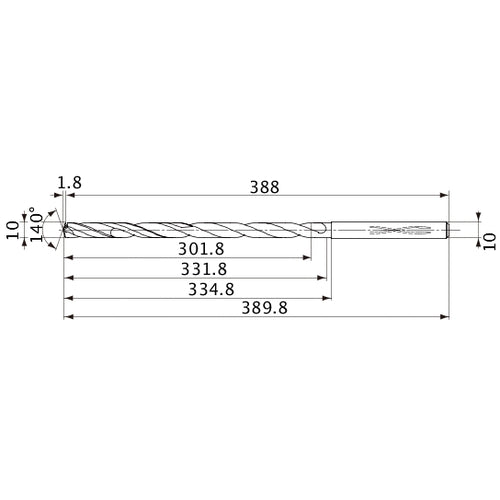 MVS1000X30S100 DP1020 10 mm Dia. × 10 mm Shank × 331.8 mm Flute Length × 389.8 mm OAL, 140°, 2 Flute, Coolant Thru, Solid Carbide Drill