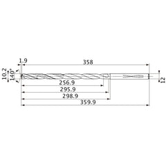 MVS1020X25S120 DP1020 10.2 mm Dia. × 12 mm Shank × 295.9 mm Flute Length × 359.9 mm OAL, 140°, 2 Flute, Coolant Thru, Solid Carbide Drill