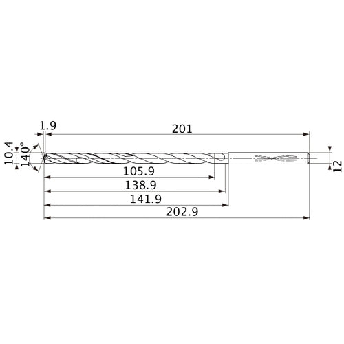 MVS1040X10S120 DP1020 10.4 mm Dia. × 12 mm Shank × 138.9 mm Flute Length × 202.9 mm OAL, 140°, 2 Flute, Coolant Thru, Solid Carbide Drill
