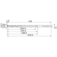 MVS1050X25S110 DP1020 10.5 mm Dia. × 11 mm Shank × 295.9 mm Flute Length × 359.9 mm OAL, 140°, 2 Flute, Coolant Thru, Solid Carbide Drill