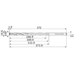 MVS1060X25S110 DP1020 10.6 mm Dia. × 11 mm Shank × 309.9 mm Flute Length × 373.9 mm OAL, 140°, 2 Flute, Coolant Thru, Solid Carbide Drill