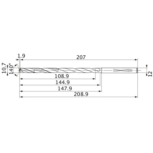MVS1070X10S120 DP1020 10.7 mm Dia. × 12 mm Shank × 144.9 mm Flute Length × 208.9 mm OAL, 140°, 2 Flute, Coolant Thru, Solid Carbide Drill