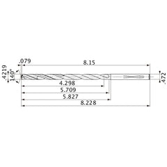 MVS1072X10S120 DP1020 0.4219″ Dia. × 0.472″ Shank × 5.709″ Flute Length × 8.228″ OAL, 140°, 2 Flute, Coolant Thru, Solid Carbide Drill
