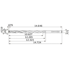MVS1072X25S120 DP1020 0.4219″ Dia. × 0.472″ Shank × 12.205″ Flute Length × 14.724″ OAL, 140°, 2 Flute, Coolant Thru, Solid Carbide Drill