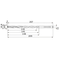 MVS1080X10S110 DP1020 10.8 mm Dia. × 11 mm Shank × 145 mm Flute Length × 209 mm OAL, 140°, 2 Flute, Coolant Thru, Solid Carbide Drill