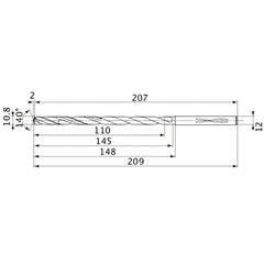 MVS1080X10S120 DP1020 10.8 mm Dia. × 12 mm Shank × 145 mm Flute Length × 209 mm OAL, 140°, 2 Flute, Coolant Thru, Solid Carbide Drill