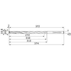 MVS1080X25S120 DP1020 10.8 mm Dia. × 12 mm Shank × 310 mm Flute Length × 374 mm OAL, 140°, 2 Flute, Coolant Thru, Solid Carbide Drill