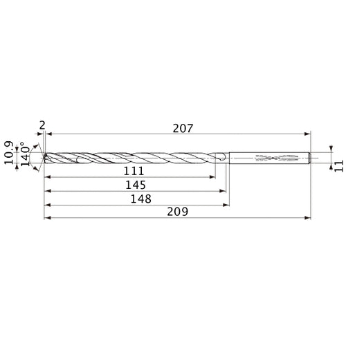 MVS1090X10S110 DP1020 10.9 mm Dia. × 11 mm Shank × 145 mm Flute Length × 209 mm OAL, 140°, 2 Flute, Coolant Thru, Solid Carbide Drill