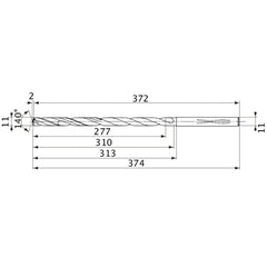 MVS1100X25S110 DP1020 11 mm Dia. × 11 mm Shank × 310 mm Flute Length × 374 mm OAL, 140°, 2 Flute, Coolant Thru, Solid Carbide Drill