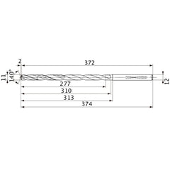 MVS1100X25S120 DP1020 11 mm Dia. × 12 mm Shank × 310 mm Flute Length × 374 mm OAL, 140°, 2 Flute, Coolant Thru, Solid Carbide Drill