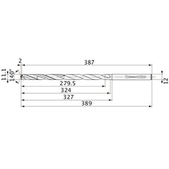 MVS1110X25S120 DP1020 11.1 mm Dia. × 12 mm Shank × 324 mm Flute Length × 389 mm OAL, 140°, 2 Flute, Coolant Thru, Solid Carbide Drill