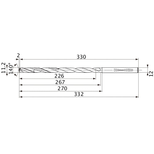 MVS1120X20S120 DP1020 11.2 mm Dia. × 12 mm Shank × 267 mm Flute Length × 332 mm OAL, 140°, 2 Flute, Coolant Thru, Solid Carbide Drill