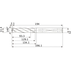MVS1140X08S120 DP1020 11.4 mm Dia. × 12 mm Shank × 129.1 mm Flute Length × 196.1 mm OAL, 140°, 2 Flute, Coolant Thru, Solid Carbide Drill