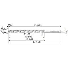 MVS1151X20S120 DP1020 0.4531″ Dia. × 0.472″ Shank × 10.949″ Flute Length × 13.508″ OAL, 140°, 2 Flute, Coolant Thru, Solid Carbide Drill