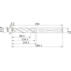 MVS1180X08S120 DP1020 11.8 mm Dia. × 12 mm Shank × 134.1 mm Flute Length × 196.1 mm OAL, 140°, 2 Flute, Coolant Thru, Solid Carbide Drill