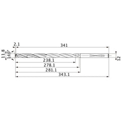 MVS1180X20S120 DP1020 11.8 mm Dia. × 12 mm Shank × 278.1 mm Flute Length × 343.1 mm OAL, 140°, 2 Flute, Coolant Thru, Solid Carbide Drill