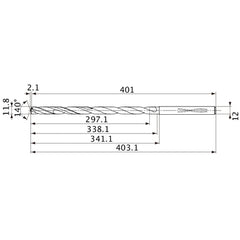 MVS1180X25S120 DP1020 11.8 mm Dia. × 12 mm Shank × 338.1 mm Flute Length × 403.1 mm OAL, 140°, 2 Flute, Coolant Thru, Solid Carbide Drill