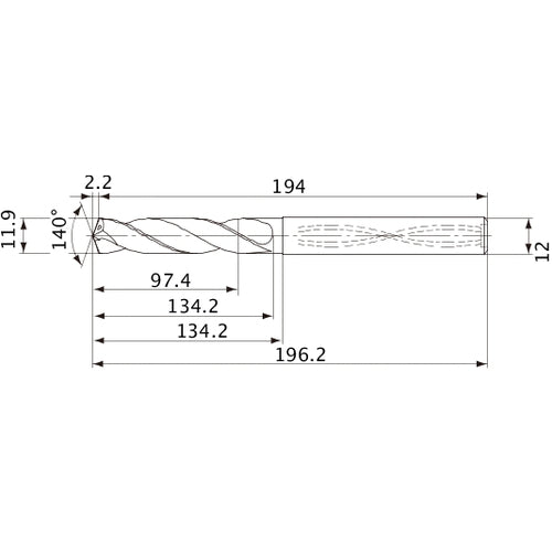 MVS1190X08S120 DP1020 11.9 mm Dia. × 12 mm Shank × 134.2 mm Flute Length × 196.2 mm OAL, 140°, 2 Flute, Coolant Thru, Solid Carbide Drill
