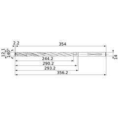 MVS1210X20S140 DP1020 12.1 mm Dia. × 14 mm Shank × 290.2 mm Flute Length × 356.2 mm OAL, 140°, 2 Flute, Coolant Thru, Solid Carbide Drill