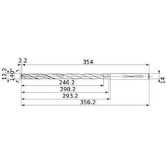 MVS1220X20S140 DP1020 12.2 mm Dia. × 14 mm Shank × 290.2 mm Flute Length × 356.2 mm OAL, 140°, 2 Flute, Coolant Thru, Solid Carbide Drill