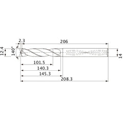 MVS1240X08S140 DP1020 12.4 mm Dia. × 14 mm Shank × 140.3 mm Flute Length × 208.3 mm OAL, 140°, 2 Flute, Coolant Thru, Solid Carbide Drill