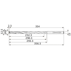 MVS1250X20S130 DP1020 12.5 mm Dia. × 13 mm Shank × 290.3 mm Flute Length × 356.3 mm OAL, 140°, 2 Flute, Coolant Thru, Solid Carbide Drill