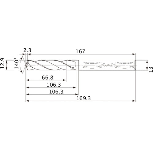 MVS1290X05S130 DP1020 12.9 mm Dia. × 13 mm Shank × 106.3 mm Flute Length × 169.3 mm OAL, 140°, 2 Flute, Coolant Thru, Solid Carbide Drill