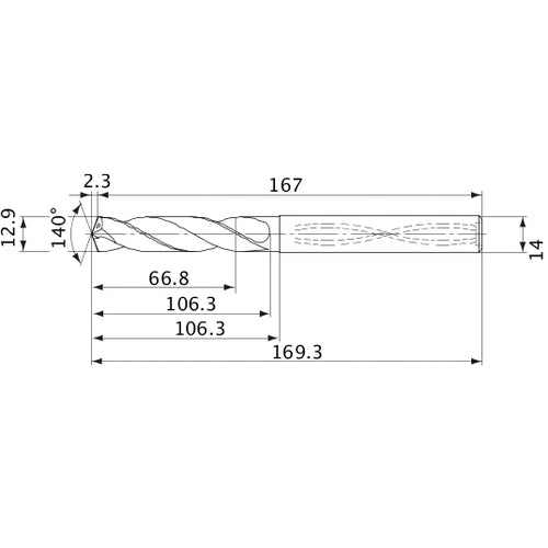 MVS1290X05S140 DP1020 12.9 mm Dia. × 14 mm Shank × 106.3 mm Flute Length × 169.3 mm OAL, 140°, 2 Flute, Coolant Thru, Solid Carbide Drill