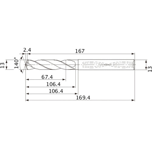 MVS1300X05S130 DP1020 13 mm Dia. × 13 mm Shank × 106.4 mm Flute Length × 169.4 mm OAL, 140°, 2 Flute, Coolant Thru, Solid Carbide Drill
