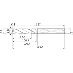MVS1300X05S130 DP1020 13 mm Dia. × 13 mm Shank × 106.4 mm Flute Length × 169.4 mm OAL, 140°, 2 Flute, Coolant Thru, Solid Carbide Drill