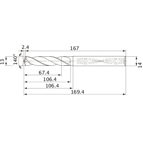 MVS1300X05S140 DP1020 13 mm Dia. × 14 mm Shank × 106.4 mm Flute Length × 169.4 mm OAL, 140°, 2 Flute, Coolant Thru, Solid Carbide Drill