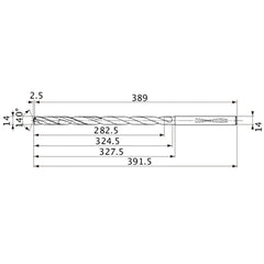 MVS1400X20S140 DP1020 14 mm Dia. × 14 mm Shank × 324.5 mm Flute Length × 391.5 mm OAL, 140°, 2 Flute, Coolant Thru, Solid Carbide Drill