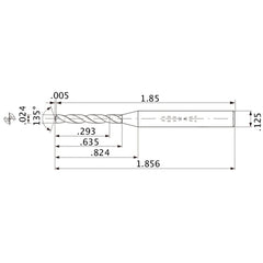 MWS00240XB VP15TF 0.024″ Dia. × 1/8″ Shank × 0.635″ Flute Length × 1.856″ OAL, 135°, 2 Flute, Coolant Thru, Solid Carbide Drill