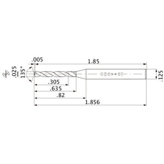 MWS00250XB VP15TF 0.025″ Dia. × 1/8″ Shank × 0.635″ Flute Length × 1.856″ OAL, 135°, 2 Flute, Coolant Thru, Solid Carbide Drill
