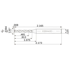 MWS00394XB VP15TF 0.0394″ Dia. × 1/8″ Shank × 0.913″ Flute Length × 2.173″ OAL, 135°, 2 Flute, Coolant Thru, Solid Carbide Drill