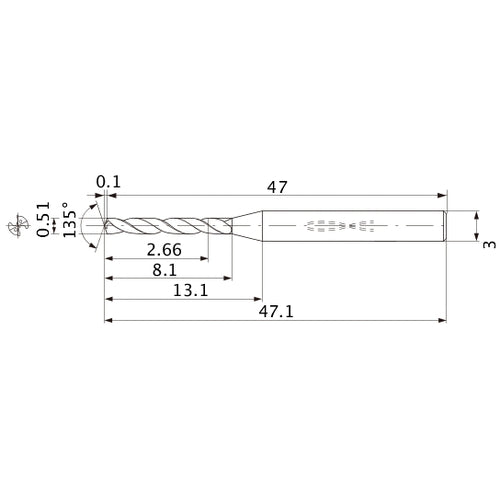 MWS0051LB VP15TF 0.51 mm Dia. × 3 mm Shank × 8.1 mm Flute Length × 47.1 mm OAL, 135°, 2 Flute, Coolant Thru, Solid Carbide Drill