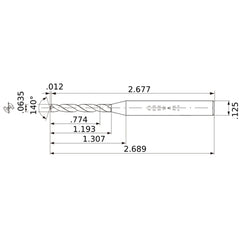 MWS00635XB VP15TF 0.0635″ Dia. × 1/8″ Shank × 1.193″ Flute Length × 2.689″ OAL, 140°, 2 Flute, Coolant Thru, Solid Carbide Drill