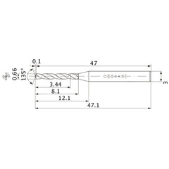 MWS0066LB VP15TF 0.66 mm Dia. × 3 mm Shank × 8.1 mm Flute Length × 47.1 mm OAL, 135°, 2 Flute, Coolant Thru, Solid Carbide Drill