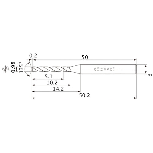 MWS0098LB VP15TF 0.98 mm Dia. × 3 mm Shank × 10.2 mm Flute Length × 50.2 mm OAL, 135°, 2 Flute, Coolant Thru, Solid Carbide Drill