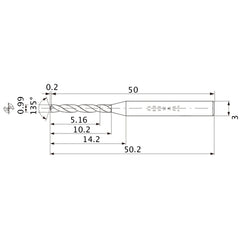 MWS0099LB VP15TF 0.99 mm Dia. × 3 mm Shank × 10.2 mm Flute Length × 50.2 mm OAL, 135°, 2 Flute, Coolant Thru, Solid Carbide Drill