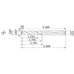 MWS01010XB VP15TF 0.101″ Dia. × 1/8″ Shank × 1.791″ Flute Length × 3.209″ OAL, 140°, 2 Flute, Coolant Thru, Solid Carbide Drill