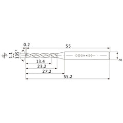 MWS0110XB VP15TF 1.1 mm Dia. × 3 mm Shank × 23.2 mm Flute Length × 55.2 mm OAL, 135°, 2 Flute, Coolant Thru, Solid Carbide Drill