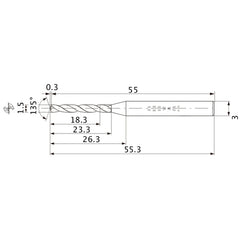 MWS0150XB VP15TF 1.5 mm Dia. × 3 mm Shank × 23.3 mm Flute Length × 55.3 mm OAL, 135°, 2 Flute, Coolant Thru, Solid Carbide Drill