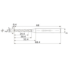 MWS0200XB VP15TF 2 mm Dia. × 3 mm Shank × 30.4 mm Flute Length × 68.4 mm OAL, 135°, 2 Flute, Coolant Thru, Solid Carbide Drill