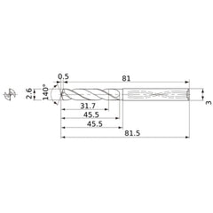 MWS0260XB VP15TF 2.6 mm Dia. × 3 mm Shank × 45.5 mm Flute Length × 81.5 mm OAL, 140°, 2 Flute, Coolant Thru, Solid Carbide Drill