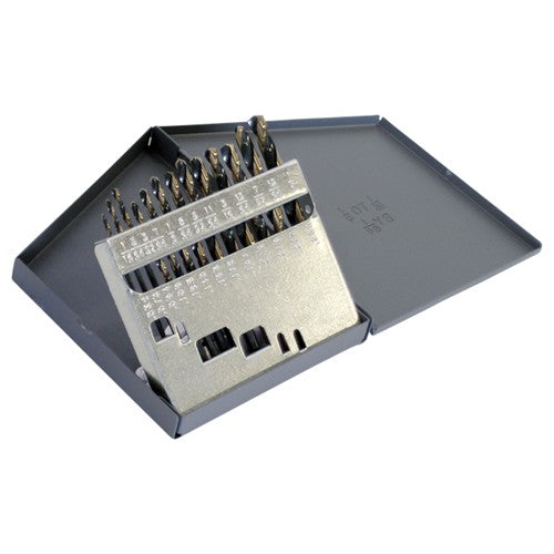 ‎1/16-1/4 RHS / RHC HSS 135 Degree Split Point Heavy Duty Black & Gold Mechanics Length Drill Set - Black & Gold - Exact Industrial Supply